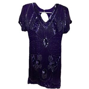 Scala Vintage Purple Sequin SilkBeaded Art Deco Flapper Mini Dress